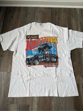 VTG Keith Kauffman Graphic Racing T-Shirt Race Car Driving White Size XL